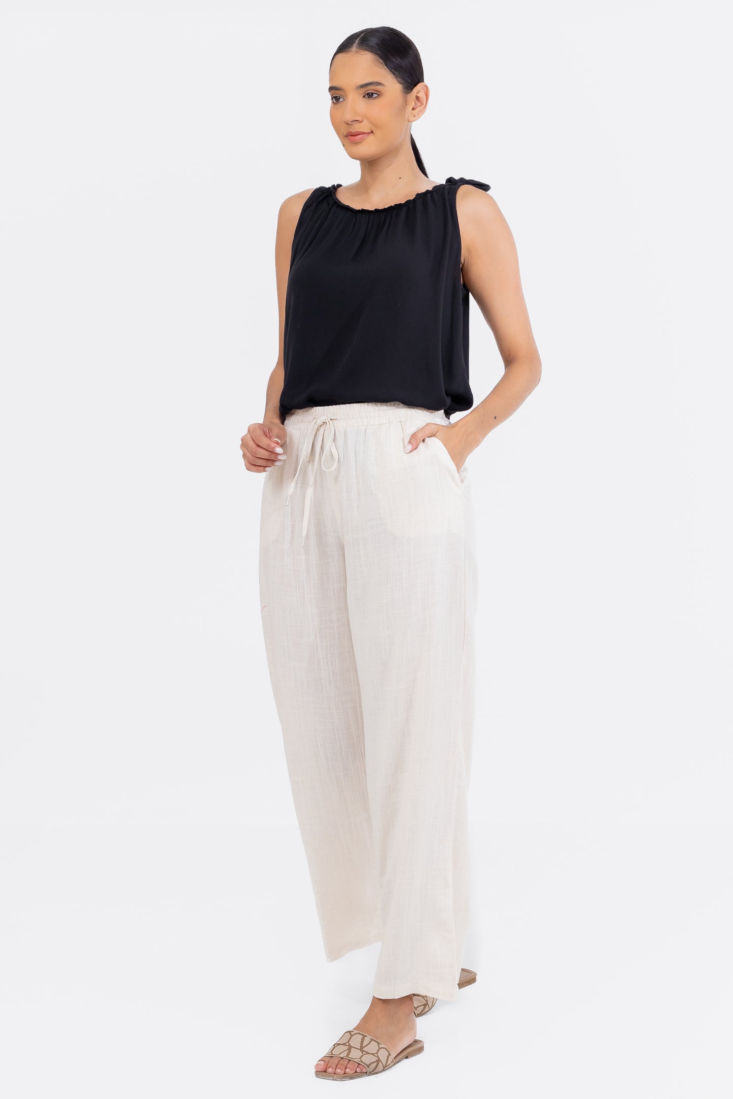 Hailys Women’s High-Waisted Wide Leg Drawstring Linen Pants