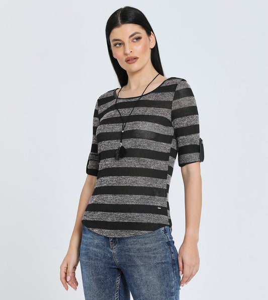 Hailys Women's Half Sleeve Striped Knit Top - Casual Boat Neck Pullover