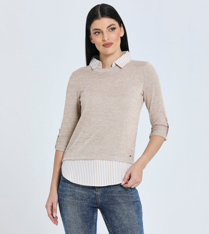 Hailys Women's 3/4 Sleeve Layered Look Top with Striped Collar - Casual Elegant Pullover