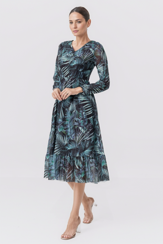 Zabaione Women’s Long Sleeve V-Neck Tropical Print Midi Dress - Green and Blue