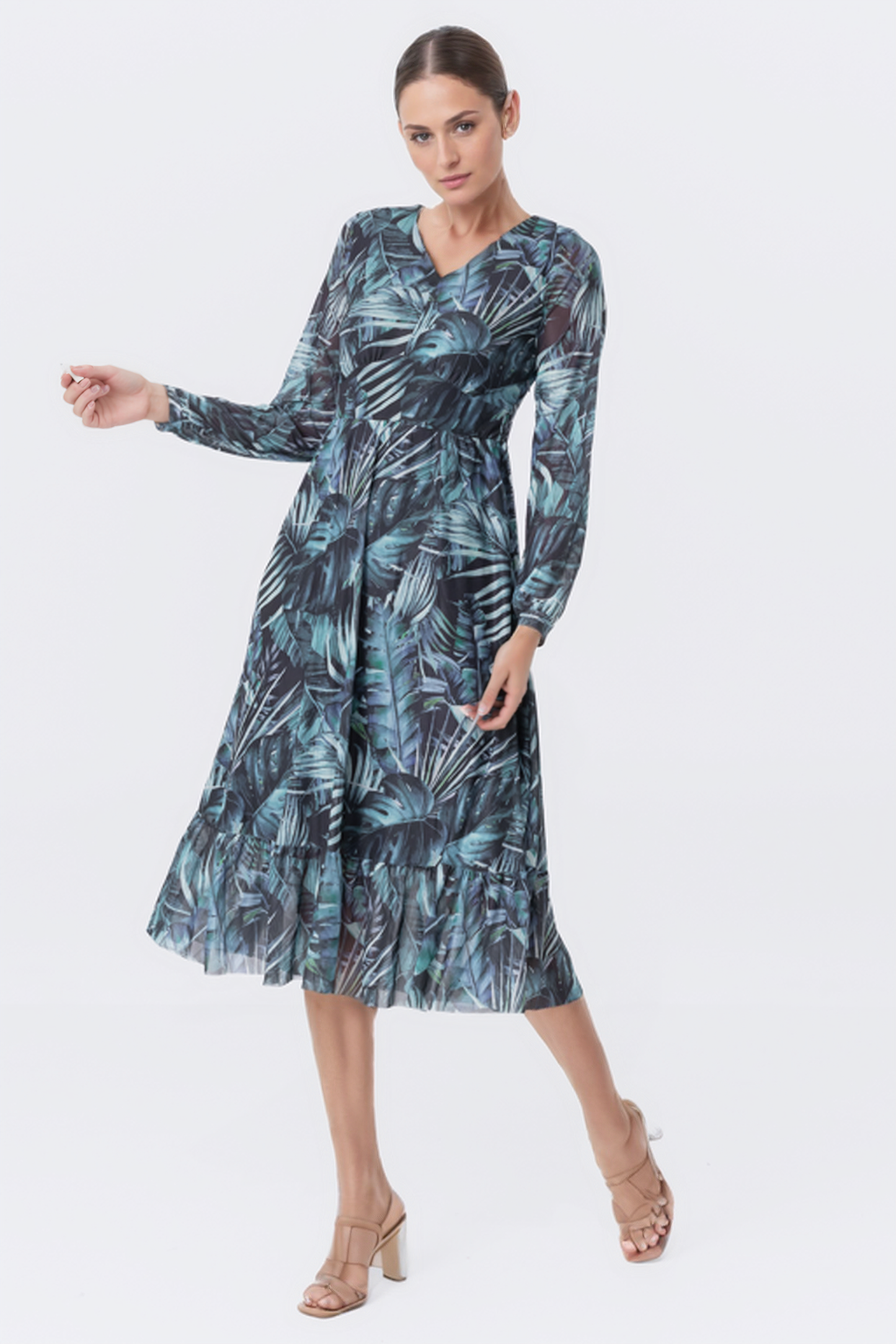 Zabaione Women’s Long Sleeve V-Neck Tropical Print Midi Dress - Green and Blue