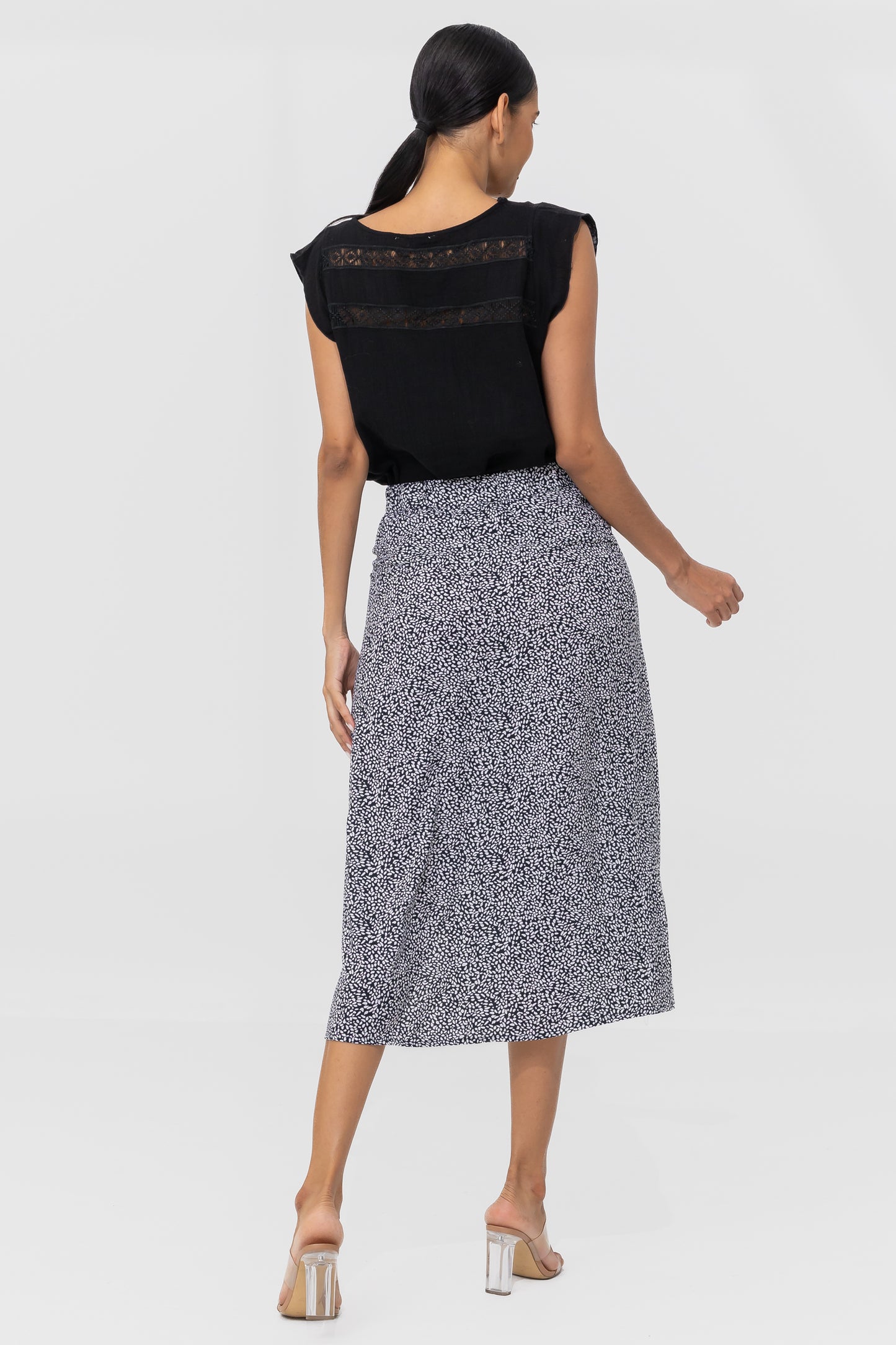 Zabaione Women’s Black and White Dotted Midi Skirt with Side Slit - High-Waisted Casual Skirt