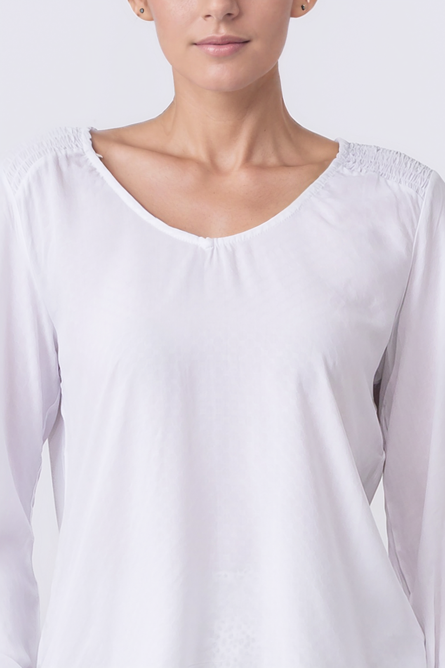 Zabaione Women’s Long Sleeve V-Neck Blouse with Shirred Shoulders - White