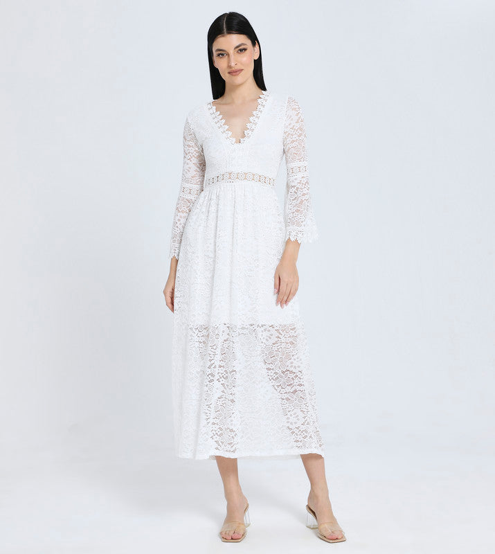 Hailys Women's White Long Sleeve Lace Midi Dress with V-Neckline