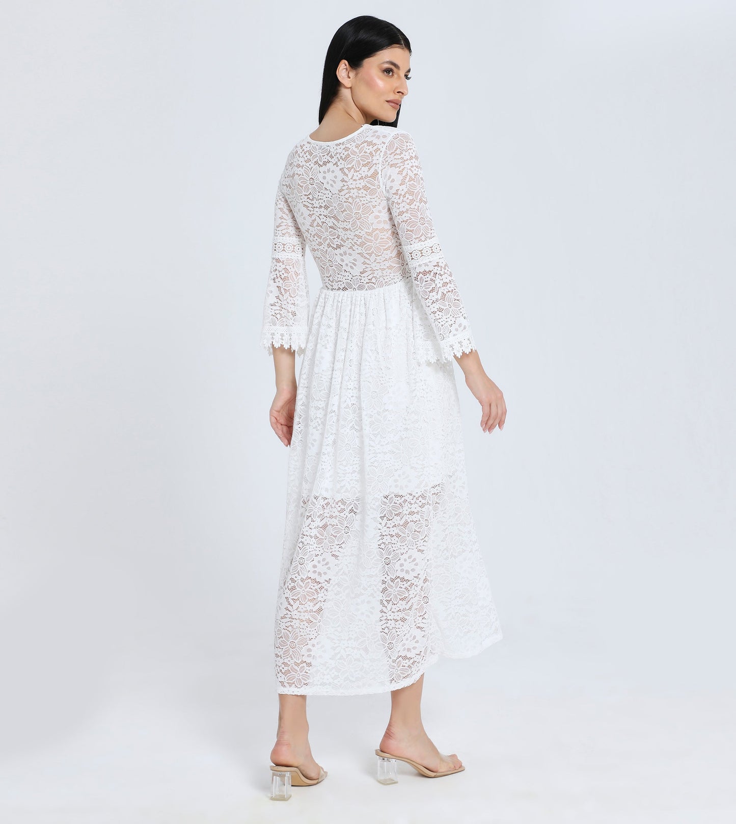 Hailys Women's White Long Sleeve Lace Midi Dress with V-Neckline