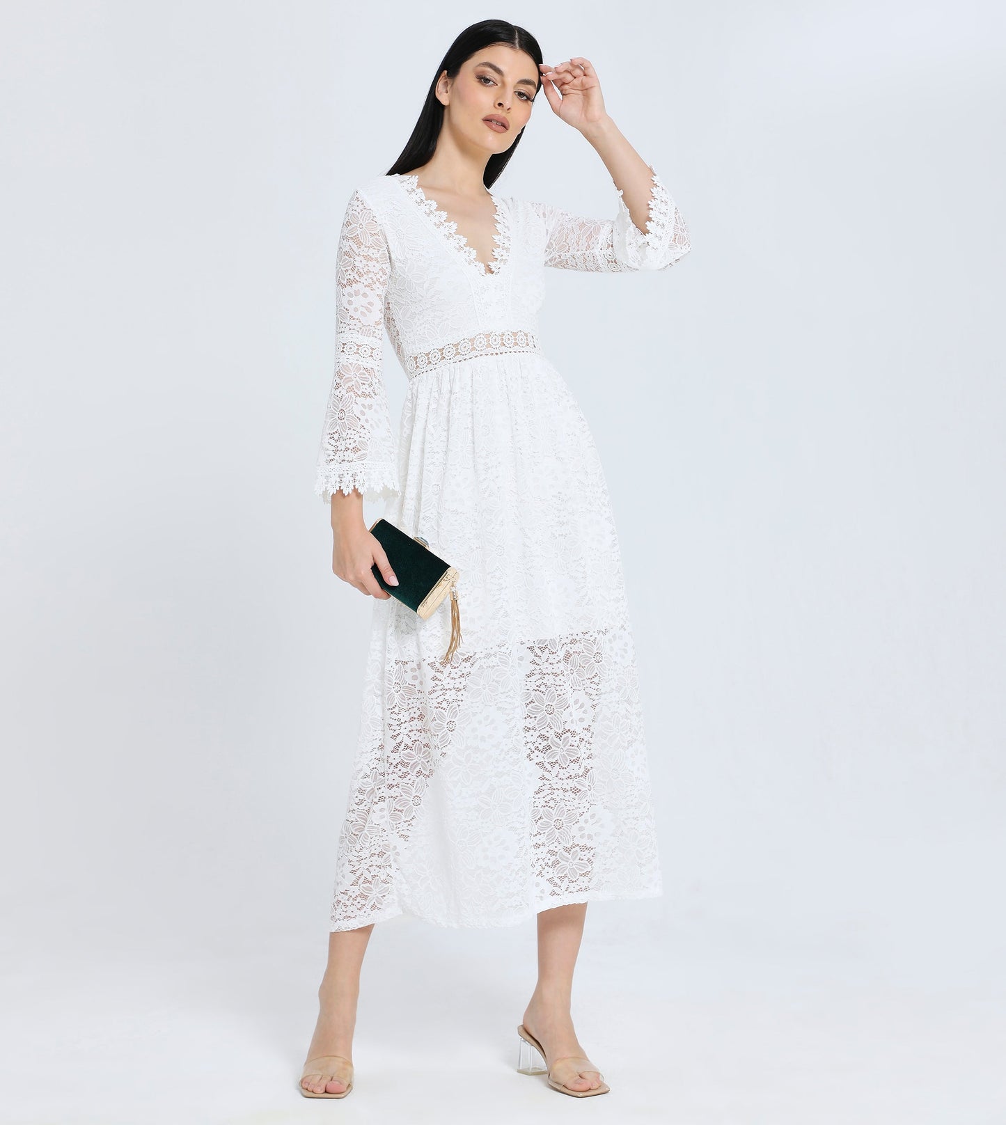 Hailys Women's White Long Sleeve Lace Midi Dress with V-Neckline