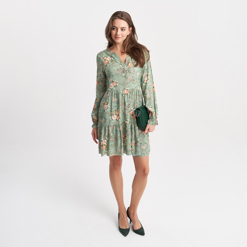 Hailys Women's Long Sleeve Green Floral and Paisley Print Dress with V-Neck