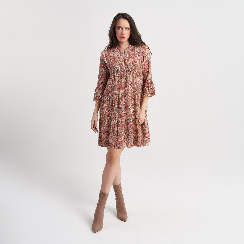 Hailys Women's 3/4 Sleeve Paisley Print Boho Dress with V-Neck