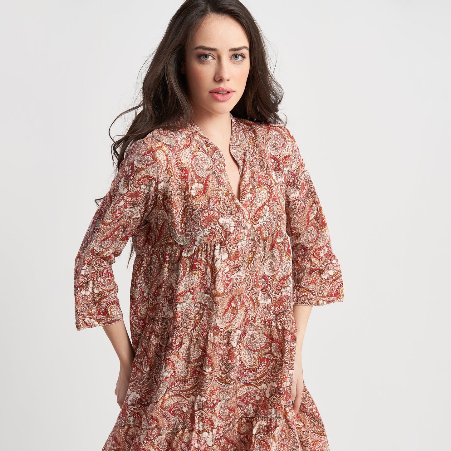 Hailys Women's 3/4 Sleeve Paisley Print Boho Dress with V-Neck