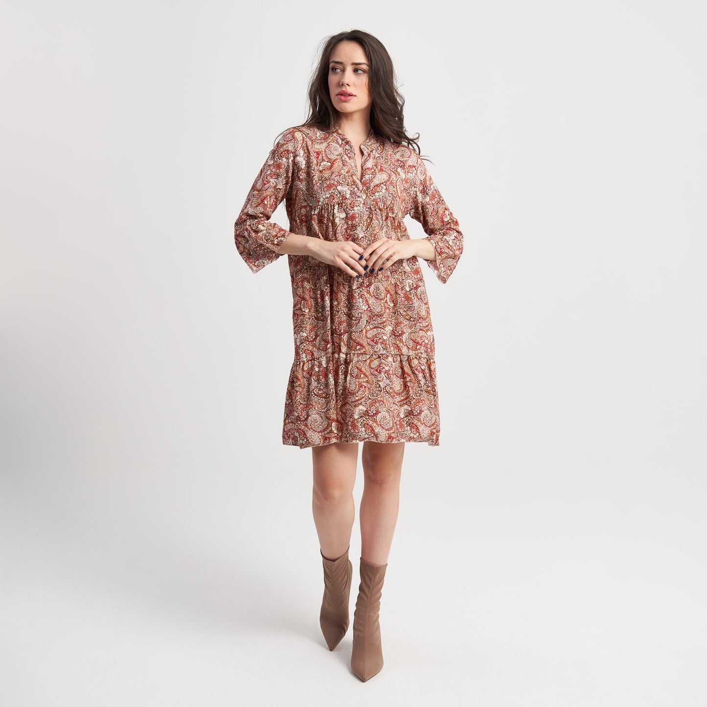 Hailys Women's 3/4 Sleeve Paisley Print Boho Dress with V-Neck