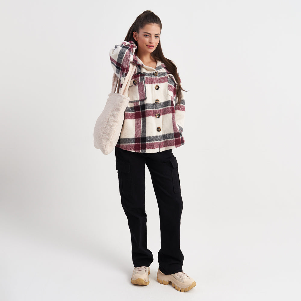 Hailys Women's Plaid Button-Up Flannel Jacket with Pockets