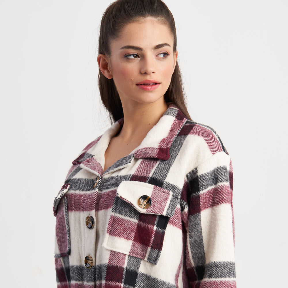 Hailys Women's Plaid Button-Up Flannel Jacket with Pockets