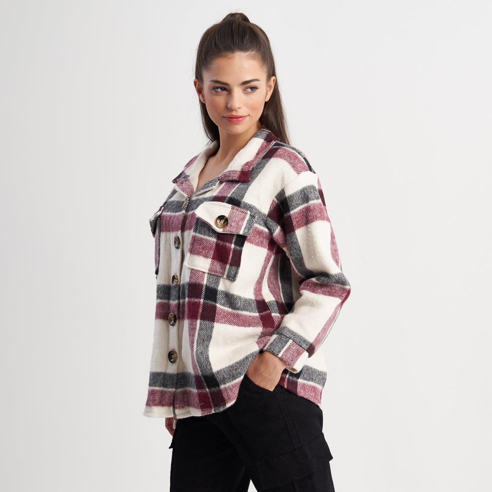 Hailys Women's Plaid Button-Up Flannel Jacket with Pockets