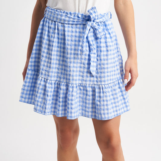 Hailys Women's Gingham Print Ruffle Hem Skirt with Tie Belt and Elastic Waist