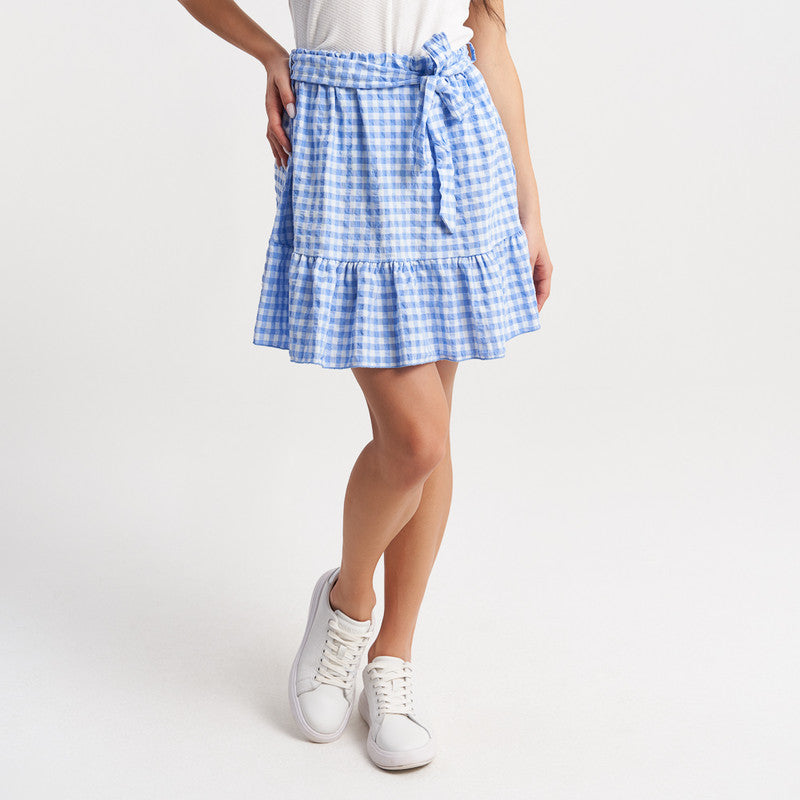 Hailys Women's Gingham Print Ruffle Hem Skirt with Tie Belt and Elastic Waist