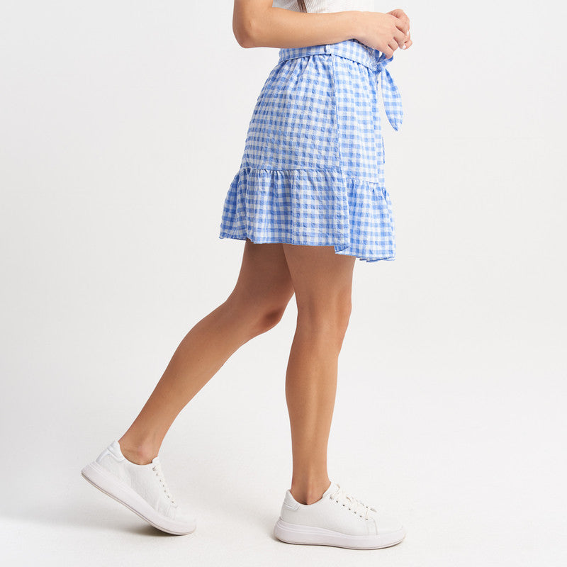 Hailys Women's Gingham Print Ruffle Hem Skirt with Tie Belt and Elastic Waist