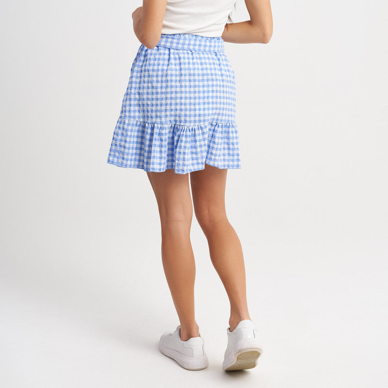 Hailys Women's Gingham Print Ruffle Hem Skirt with Tie Belt and Elastic Waist