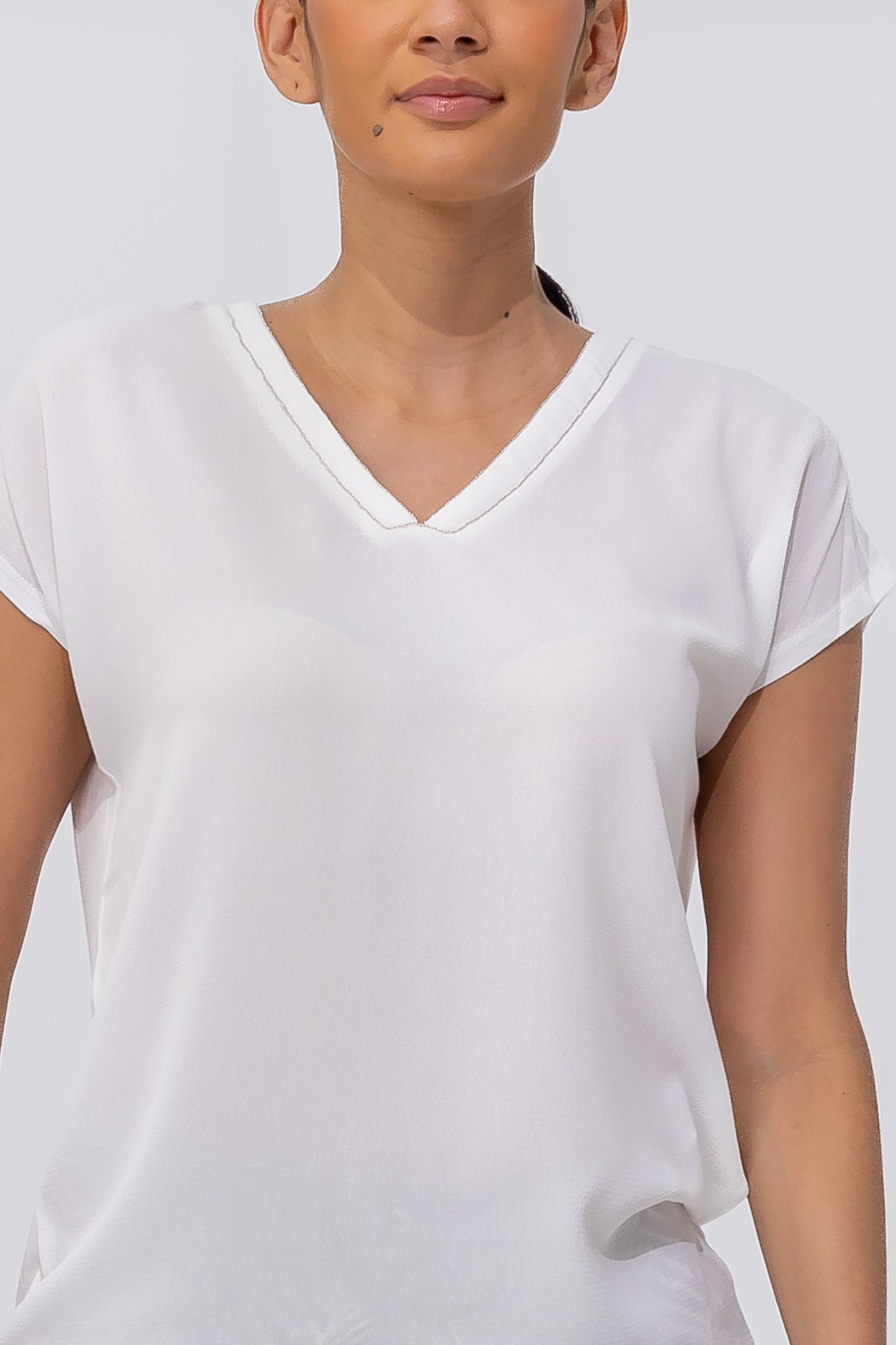 Zabaione Women’s V-Neck Cap Sleeve Blouse - White