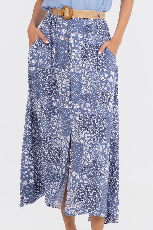 Hailys Women’s Blue Floral Patchwork Maxi Skirt with Belt - Button-Down High-Waisted Skirt