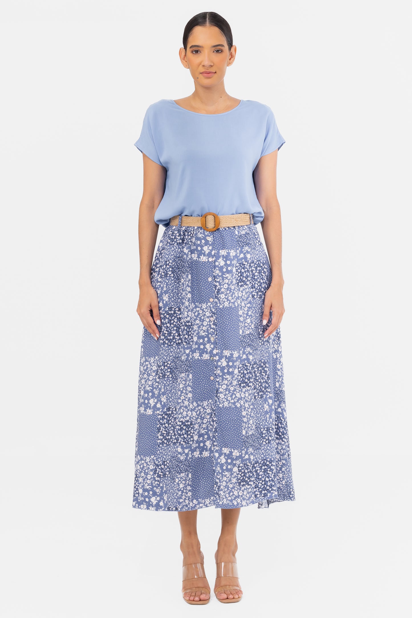 Hailys Women’s Blue Floral Patchwork Maxi Skirt with Belt - Button-Down High-Waisted Skirt