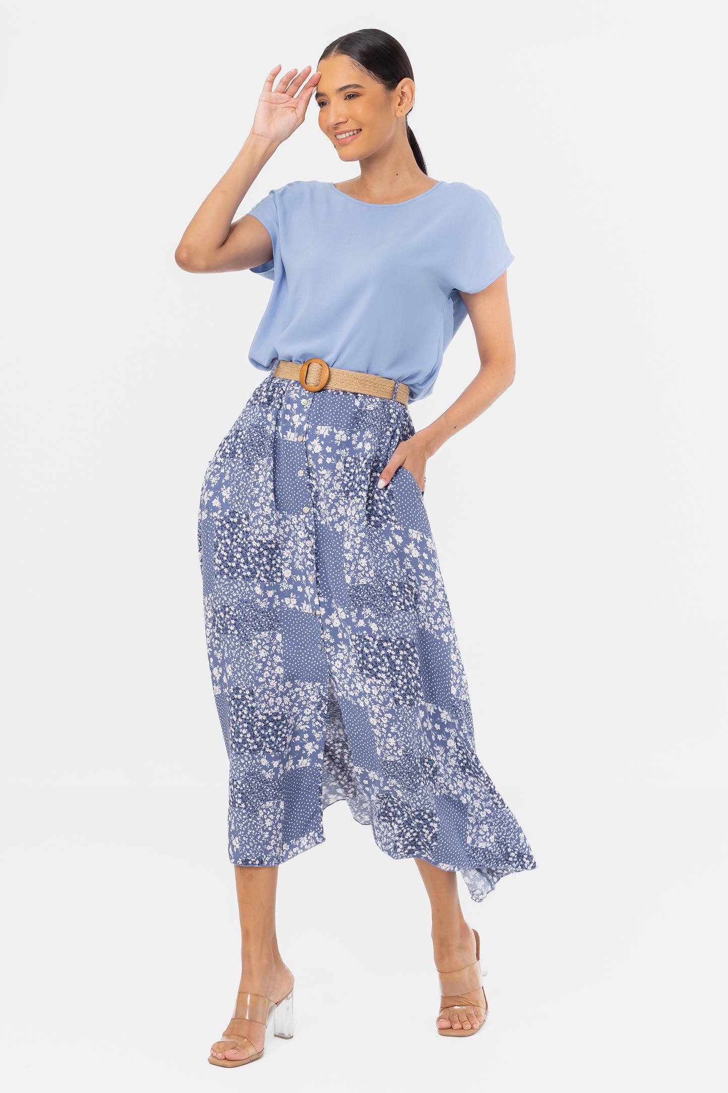 Hailys Women’s Blue Floral Patchwork Maxi Skirt with Belt - Button-Down High-Waisted Skirt