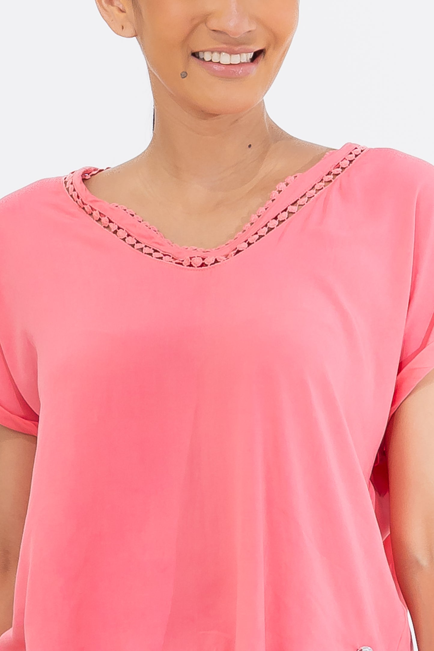 Zabaione Women’s Coral Pink V-Neck Short Sleeve Top with Crochet Trim - Casual Loose Fit Blouse