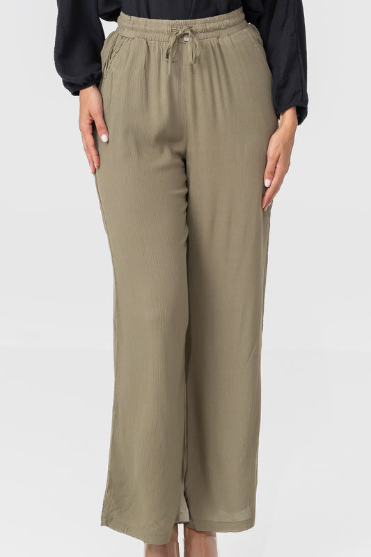 Zabaione Women’s High-Waisted Wide Leg Drawstring Pants - Olive Green