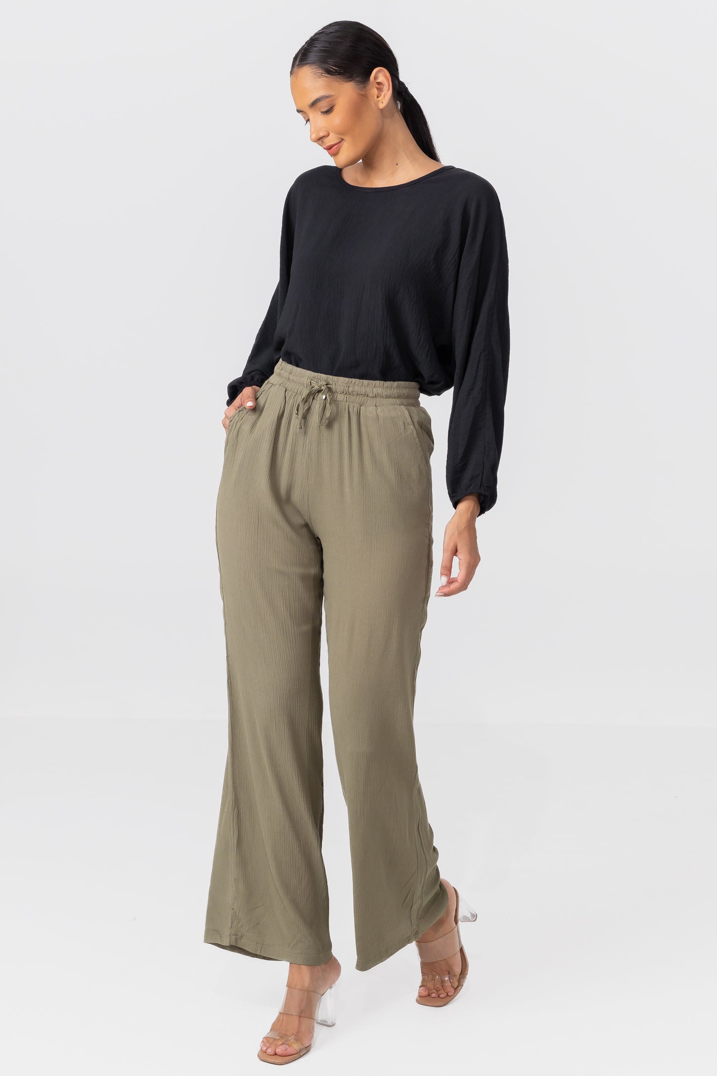 Zabaione Women’s High-Waisted Wide Leg Drawstring Pants - Olive Green