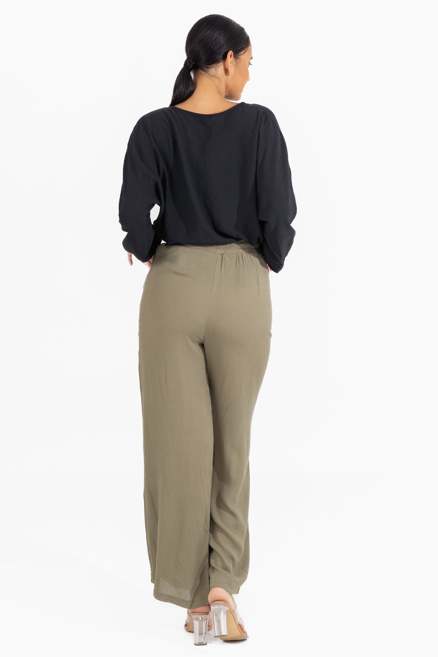 Zabaione Women’s High-Waisted Wide Leg Drawstring Pants - Olive Green