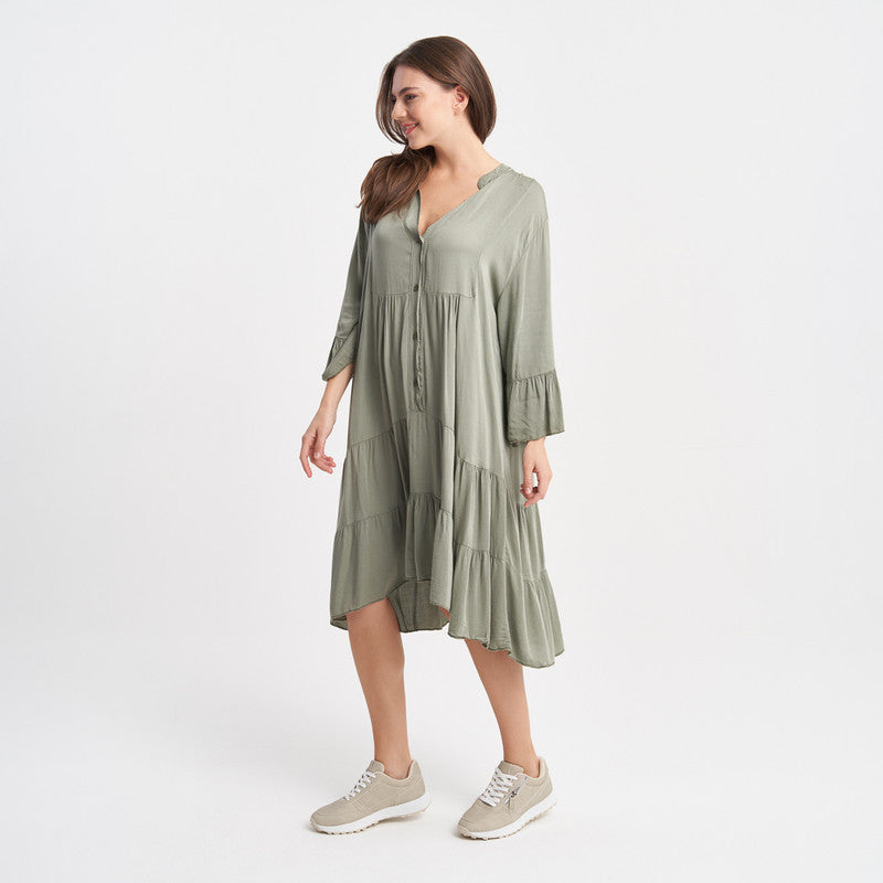 Z-ONE Women's V-Neck Button-Down Tiered Midi Dress with Bell Sleeves - Casual Loose Fit