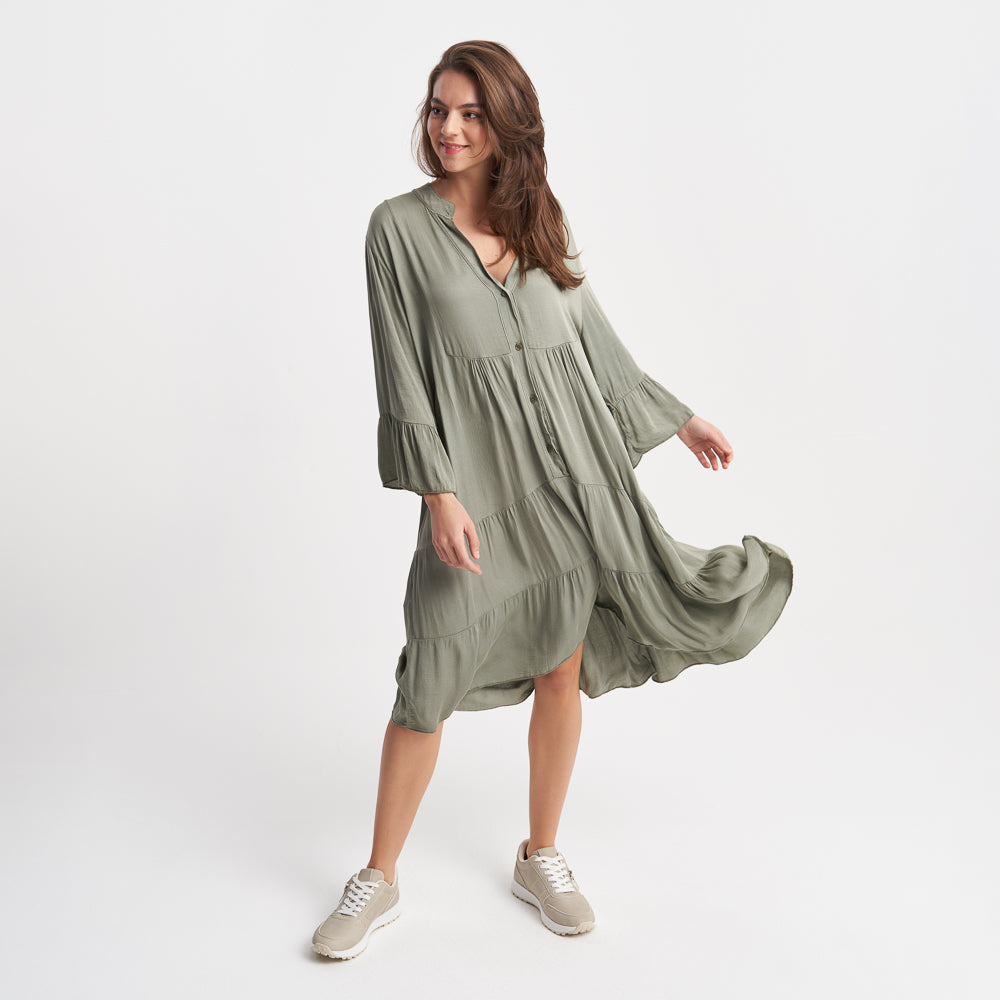 Z-ONE Women's V-Neck Button-Down Tiered Midi Dress with Bell Sleeves - Casual Loose Fit