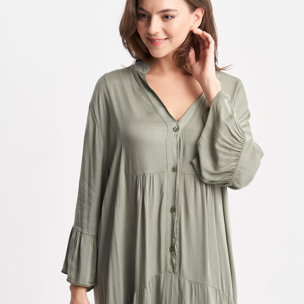 Z-ONE Women's V-Neck Button-Down Tiered Midi Dress with Bell Sleeves - Casual Loose Fit