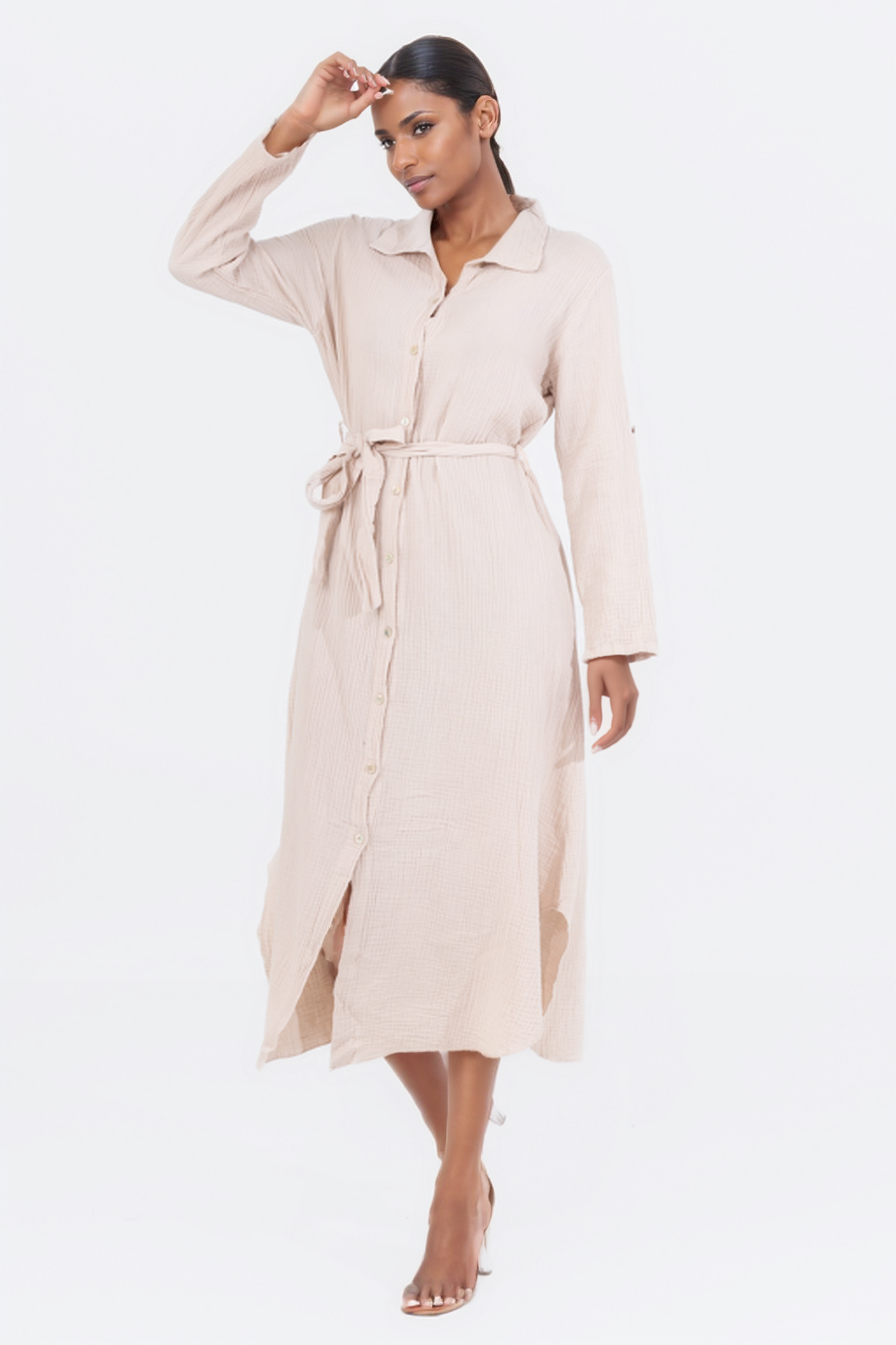 Hailys Women’s Long Sleeve Button-Down Maxi Shirt Dress with Tie Belt - Beige