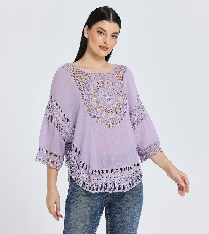 Hailys Women's Bohemian Crochet Lace Blouse - Lavender Three-Quarter Sleeve Top