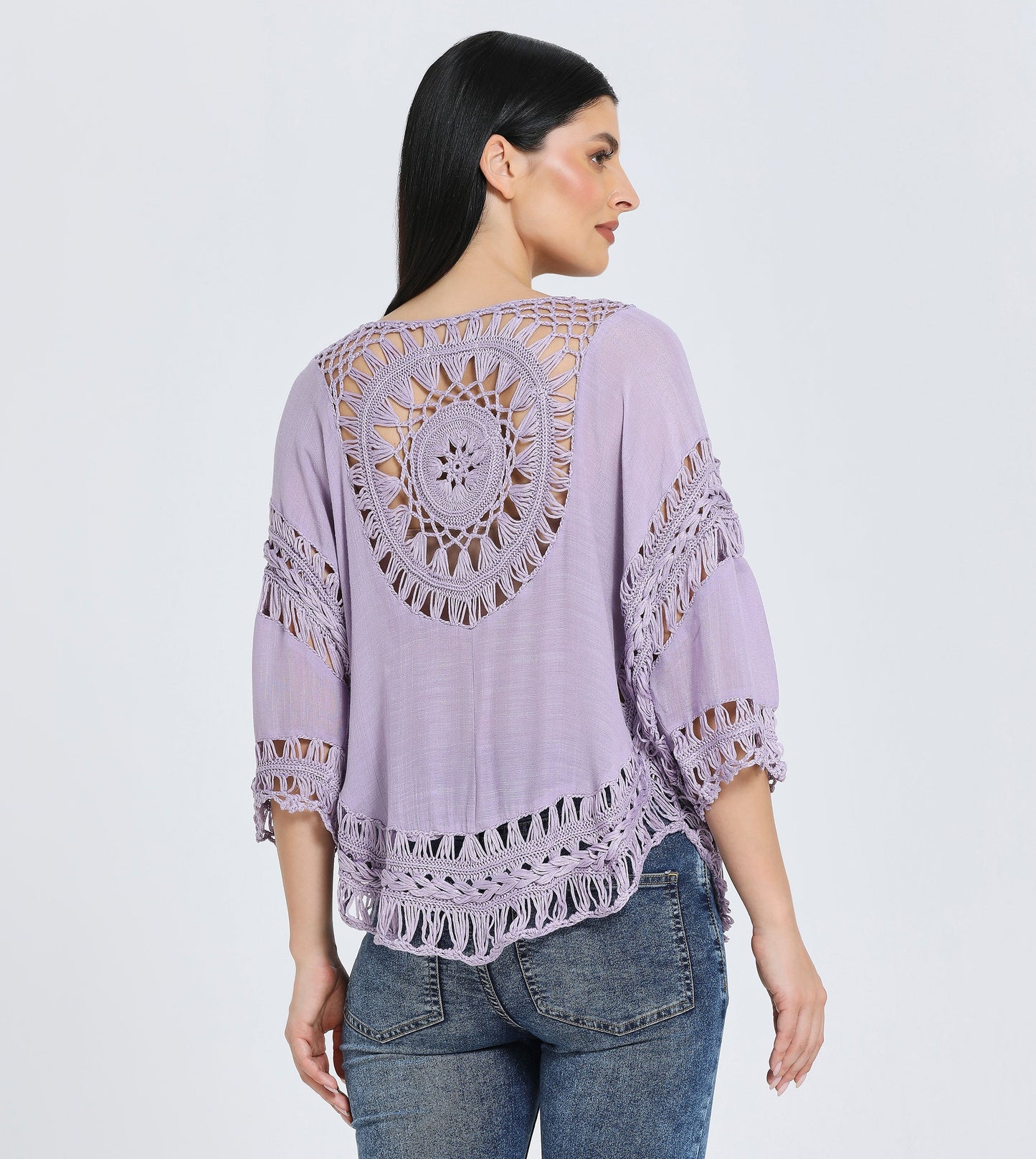 Hailys Women's Bohemian Crochet Lace Blouse - Lavender Three-Quarter Sleeve Top