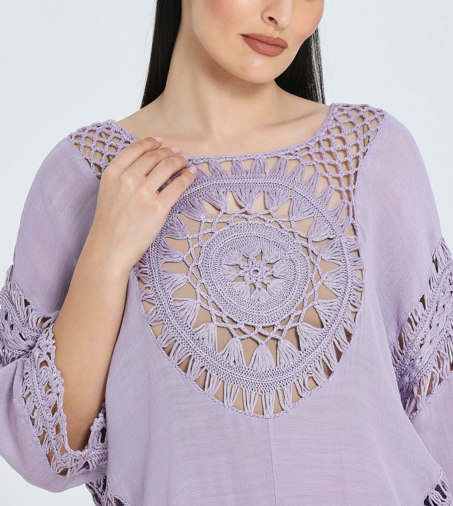 Hailys Women's Bohemian Crochet Lace Blouse - Lavender Three-Quarter Sleeve Top