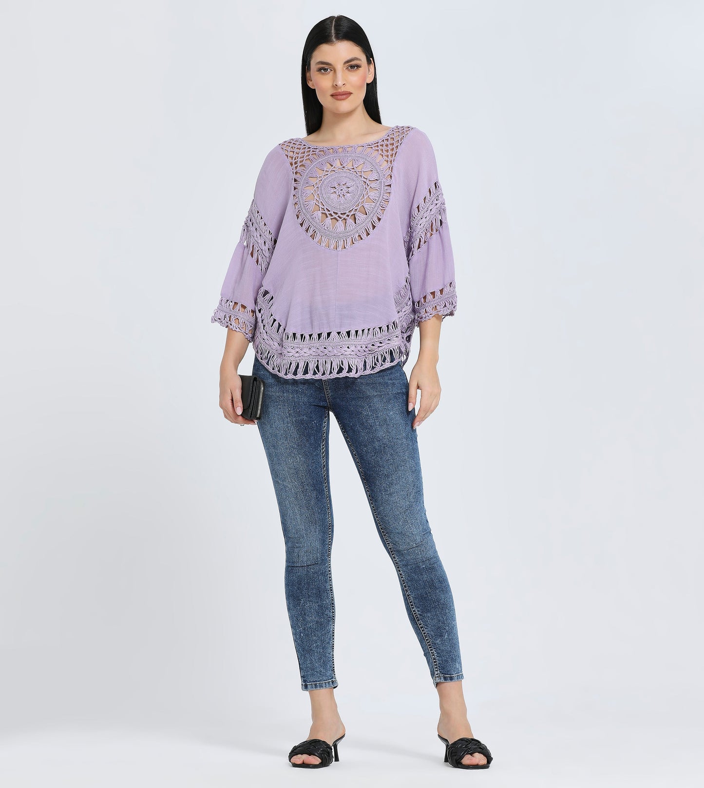 Hailys Women's Bohemian Crochet Lace Blouse - Lavender Three-Quarter Sleeve Top