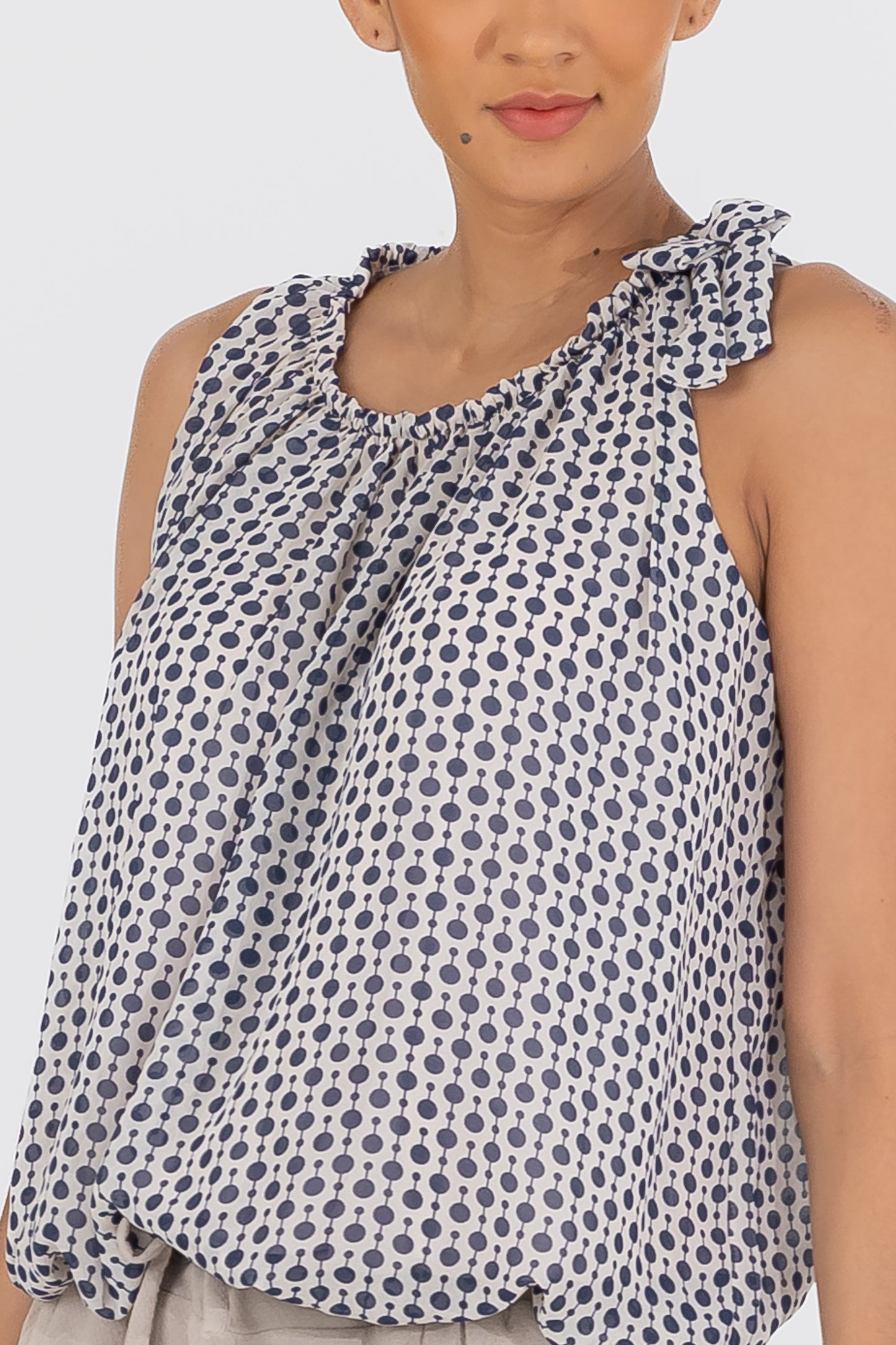 Zabaione Women’s Polka Dot Sleeveless Ruffle Trim Blouse - Blue and White