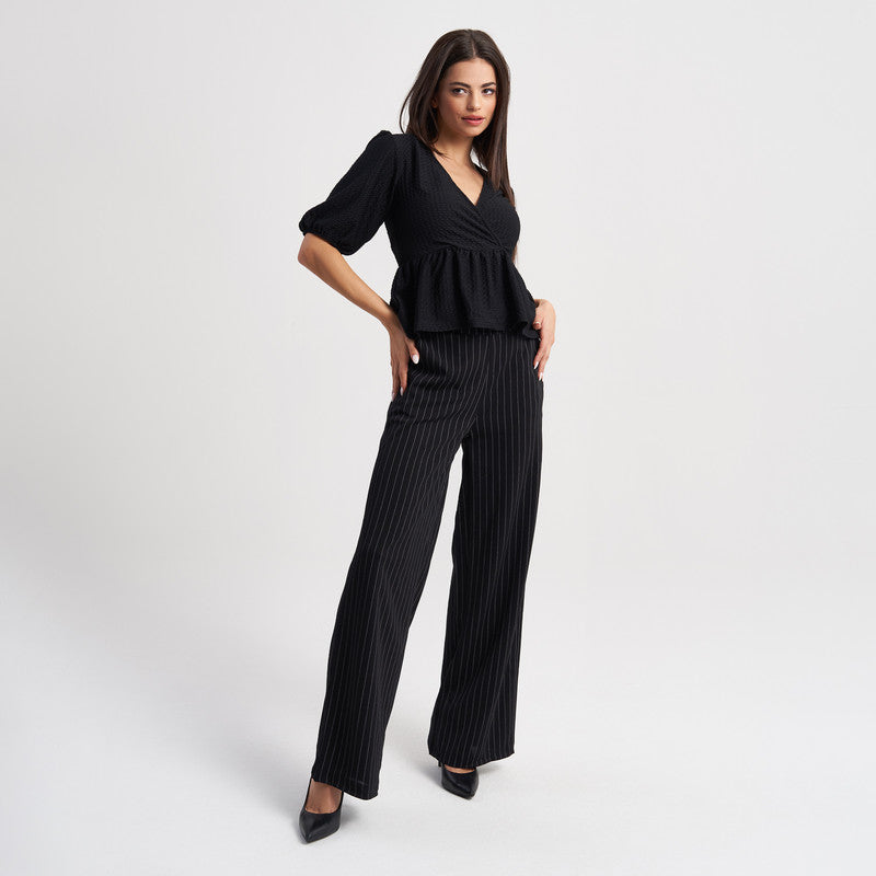 Hailys Women's Puff Sleeve Wrap Top and High-Waist Pinstripe Wide-Leg Pants Set - Elegant Two-Piece Outfit