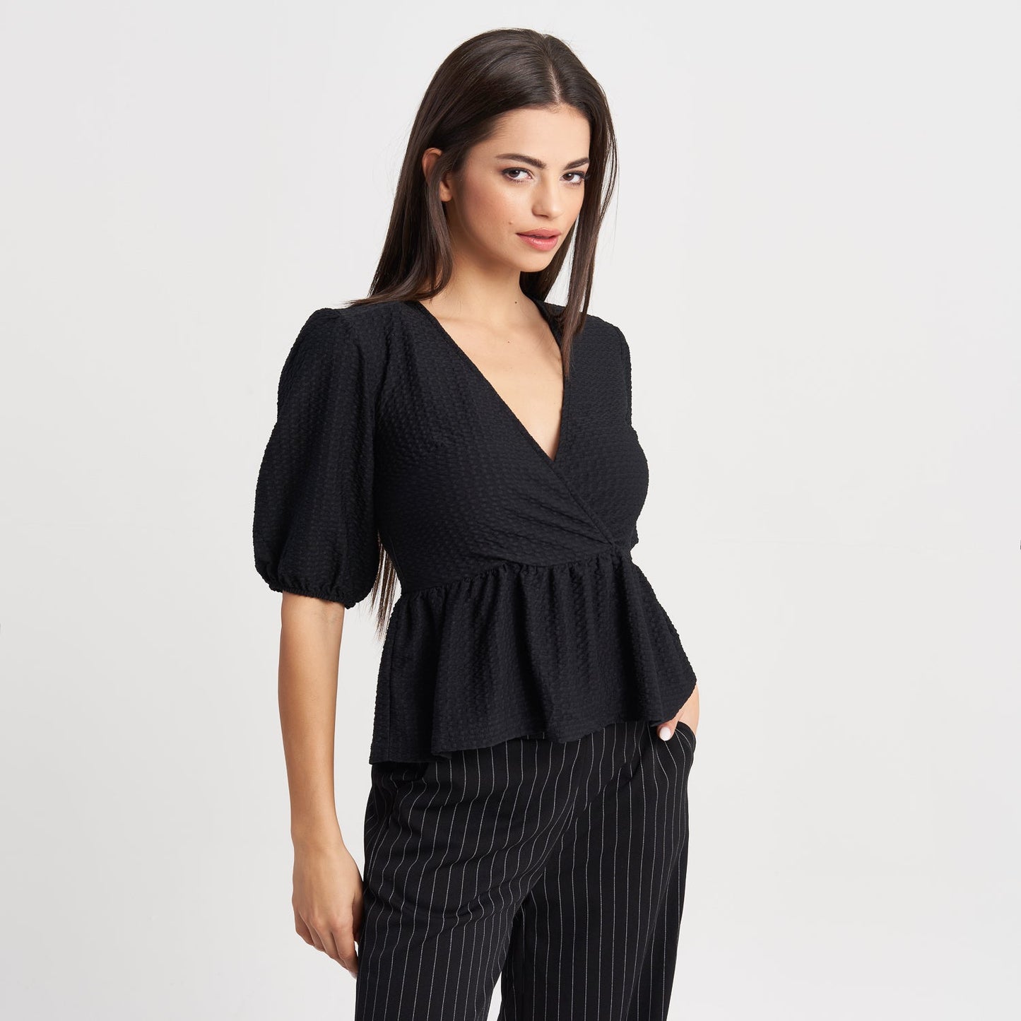 Hailys Women's Puff Sleeve Wrap Top and High-Waist Pinstripe Wide-Leg Pants Set - Elegant Two-Piece Outfit