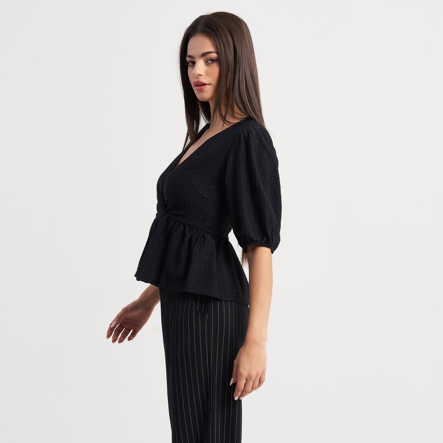 Hailys Women's Puff Sleeve Wrap Top and High-Waist Pinstripe Wide-Leg Pants Set - Elegant Two-Piece Outfit