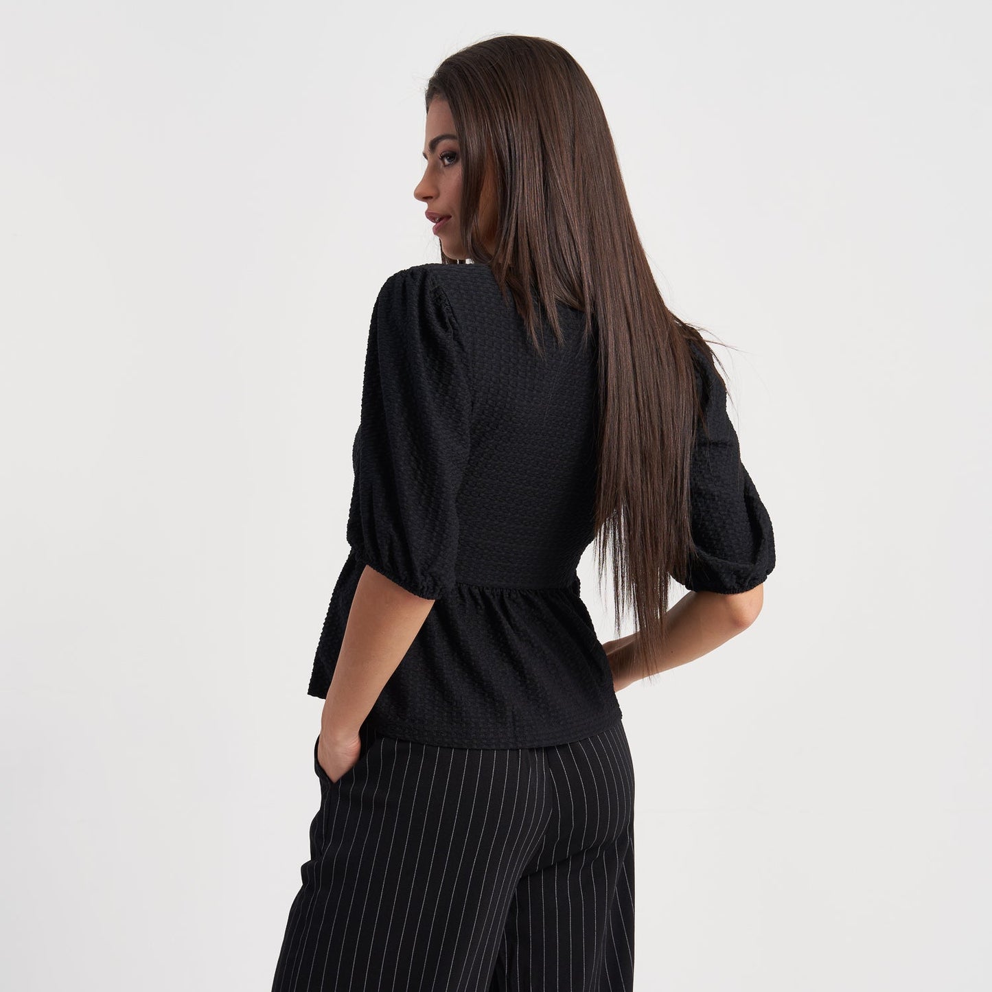 Hailys Women's Puff Sleeve Wrap Top and High-Waist Pinstripe Wide-Leg Pants Set - Elegant Two-Piece Outfit