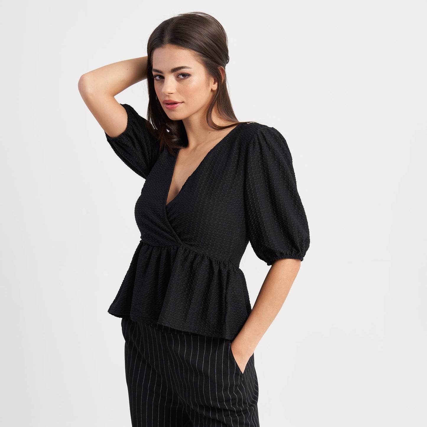 Hailys Women's Puff Sleeve Wrap Top and High-Waist Pinstripe Wide-Leg Pants Set - Elegant Two-Piece Outfit