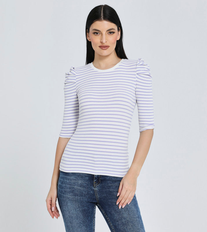 Hailys Women's 3/4 Sleeve Striped T-Shirt with Ruched Shoulders - Casual Slim Fit Top