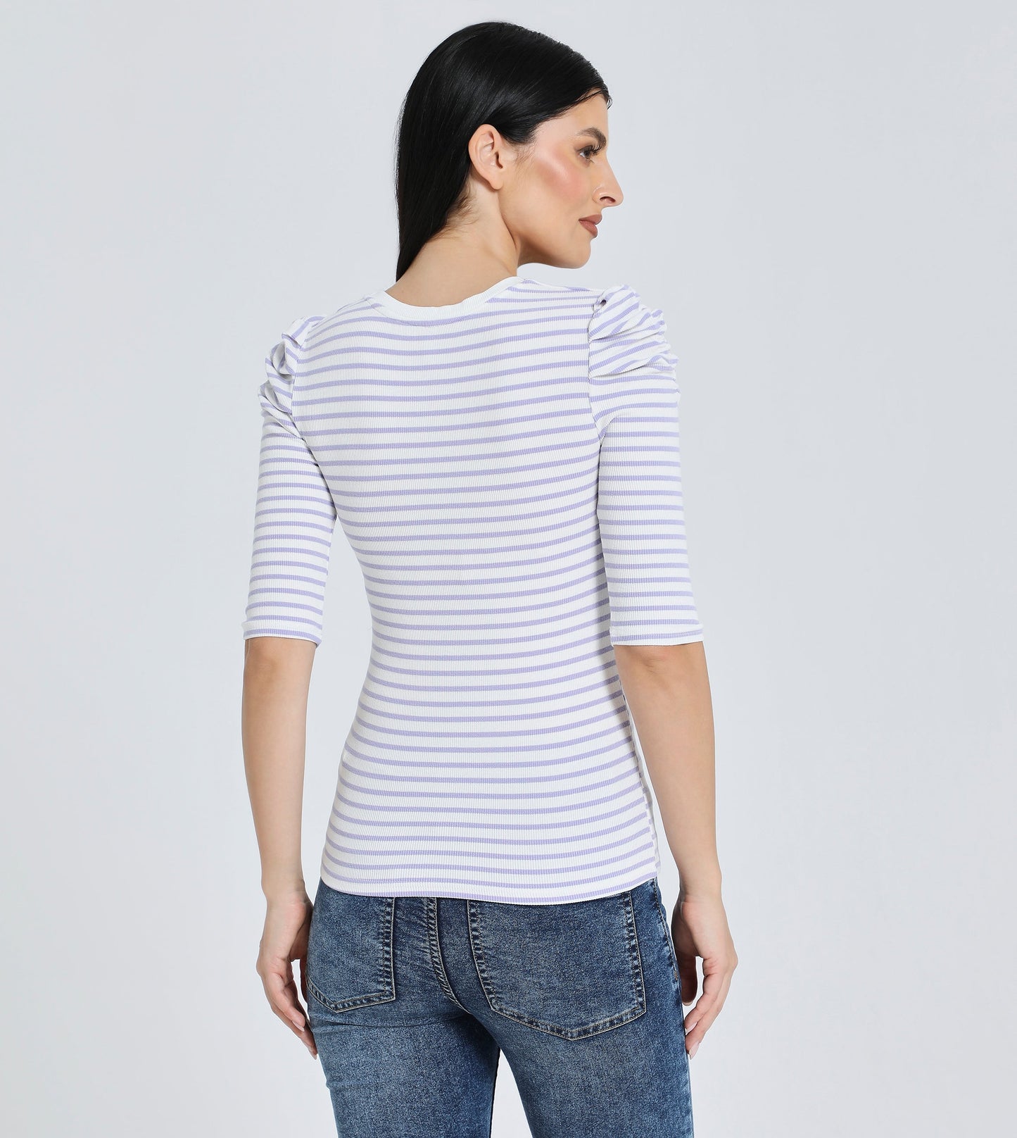 Hailys Women's 3/4 Sleeve Striped T-Shirt with Ruched Shoulders - Casual Slim Fit Top