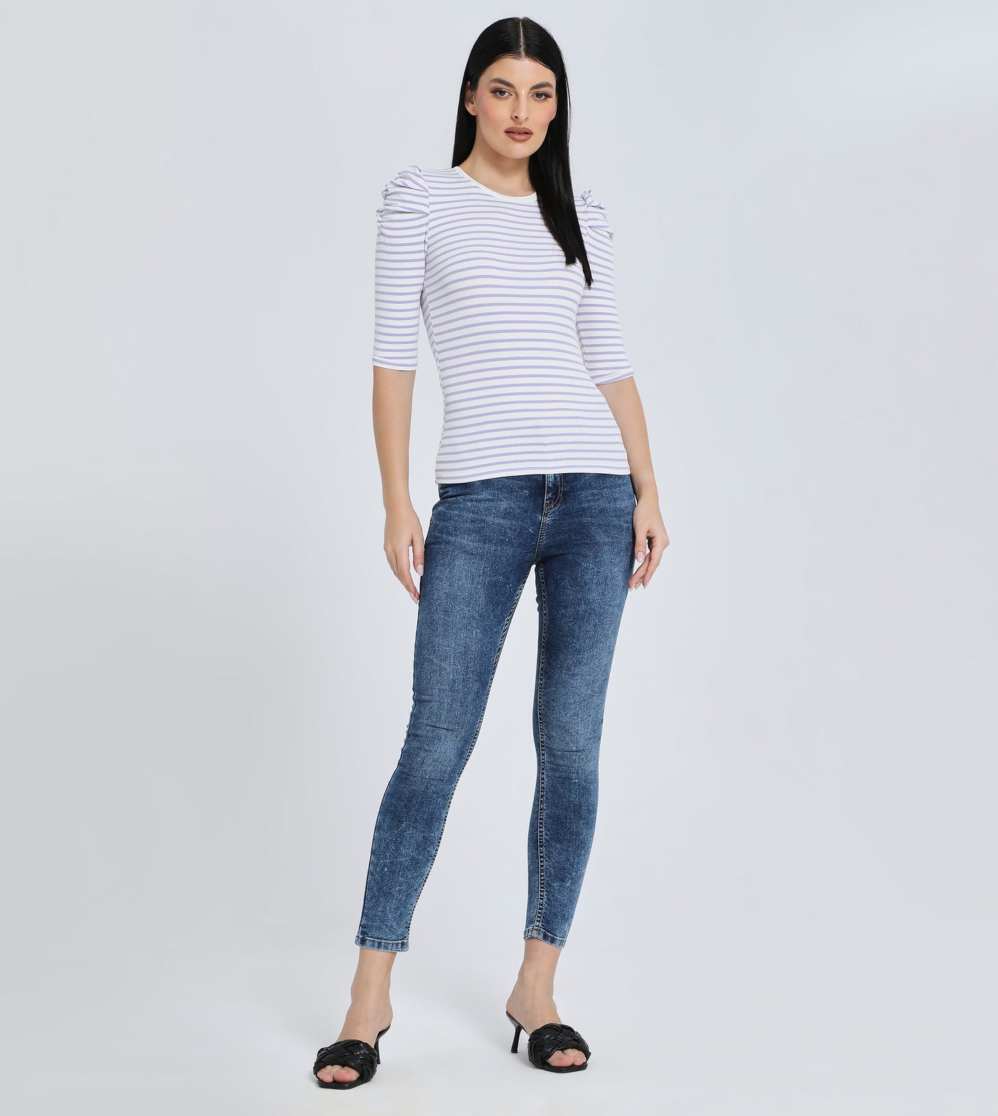 Hailys Women's 3/4 Sleeve Striped T-Shirt with Ruched Shoulders - Casual Slim Fit Top