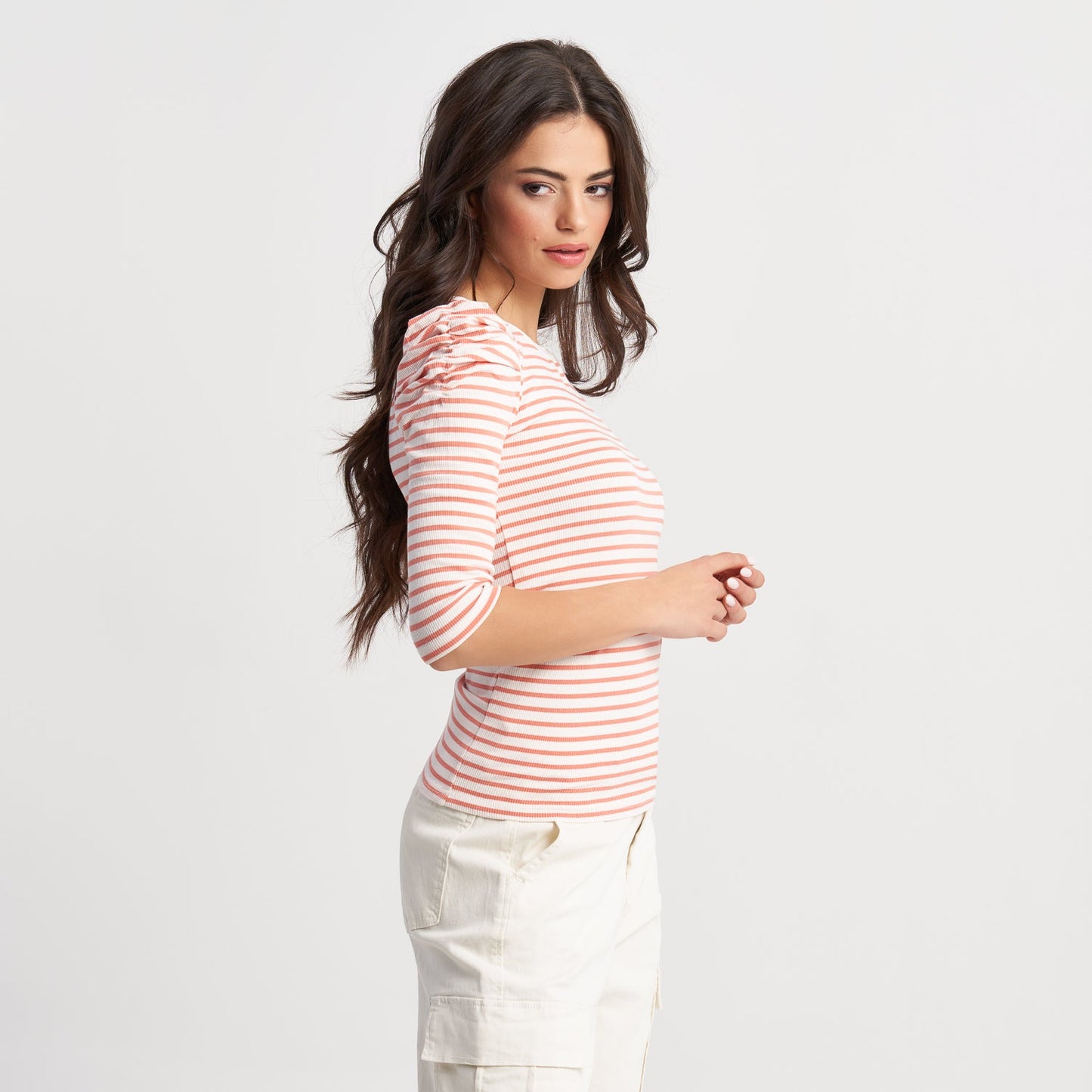 Hailys Women's Striped Ruched Shoulder Top - Casual and Chic