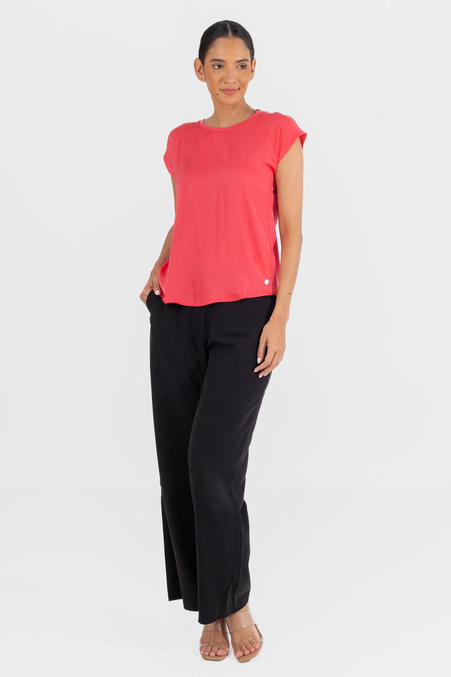 Zabaione Women’s Cap Sleeve Crew Neck Blouse - Coral Pink