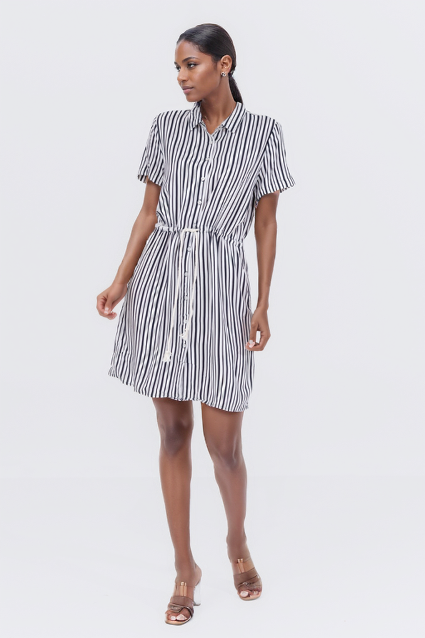 Hailys Women’s Short Sleeve Button-Down Striped Shirt Dress with Drawstring Waist - Black and White