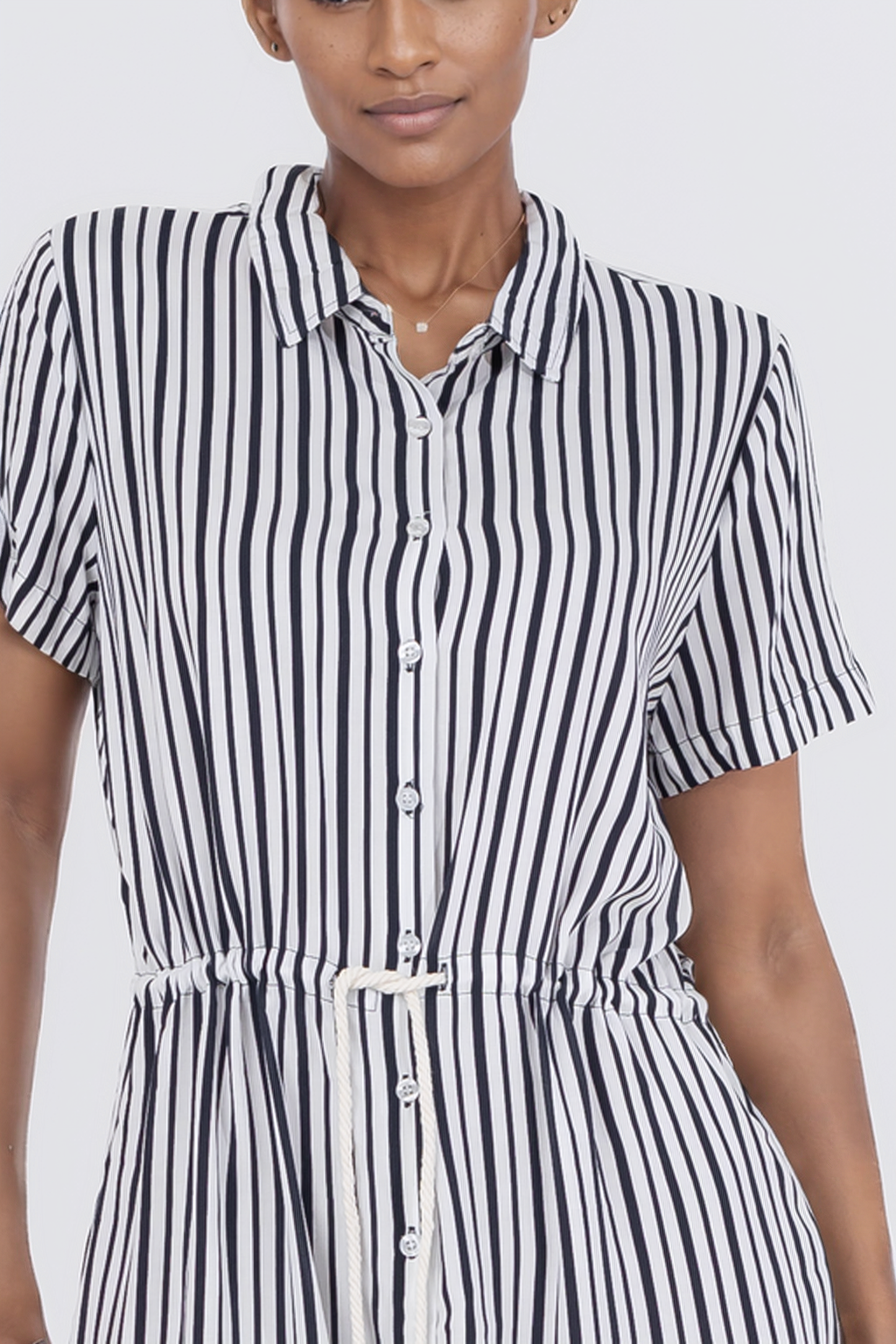 Hailys Women’s Short Sleeve Button-Down Striped Shirt Dress with Drawstring Waist - Black and White